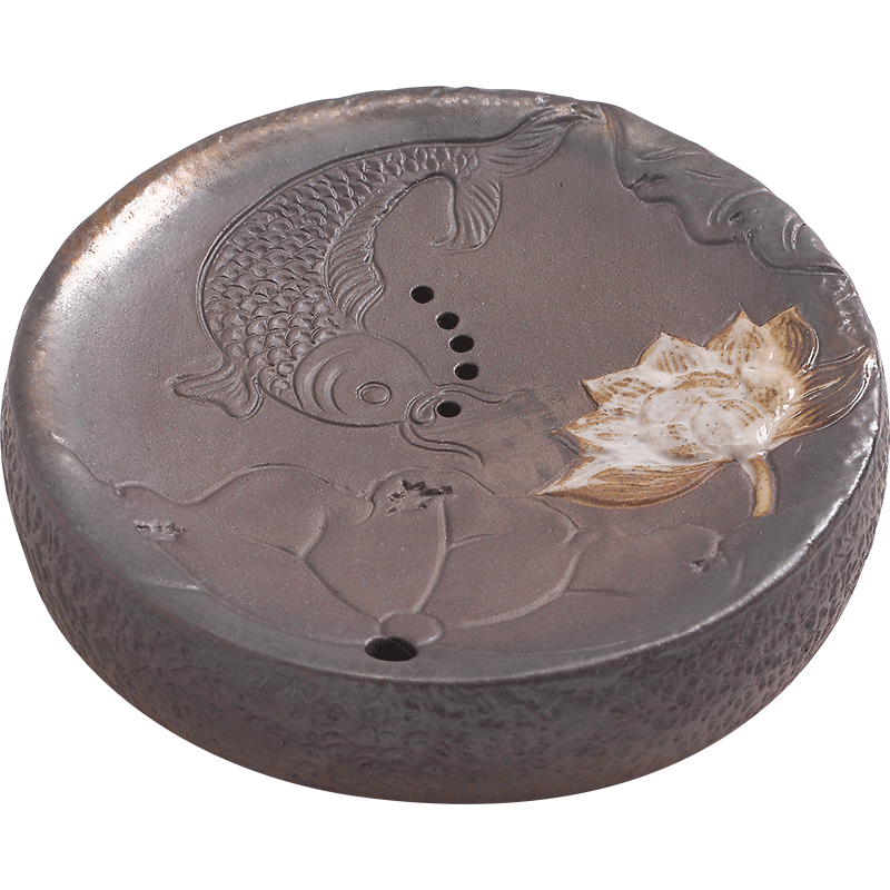 陶瓷壶承排水式干泡台粗陶鎏金茶盘家用茶具托盘日式壶托茶托茶台