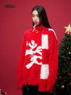 US5 情侣马海毛新年红色毛衣男女秋冬季慵懒风软糯上衣