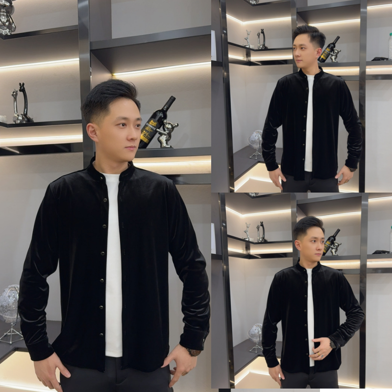 男士秋冬金丝绒长袖衬衫时尚轻奢商务休闲高级修身百搭立领上衣潮