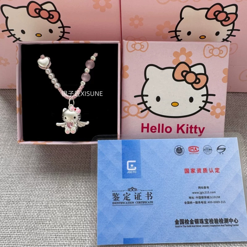 足银999hellokitty爱心天使凯蒂猫吊坠纯银编织项链款送儿童女友