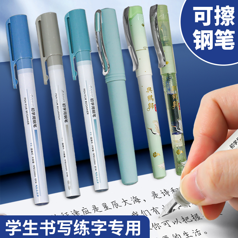 直液式钢笔初学用EF0.38尖笔学习文具三年级书写大容量墨囊笔小学生用可擦蓝书法练字正姿笔写字钢笔套装