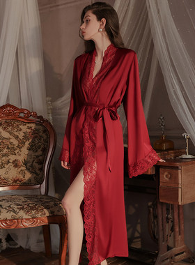真丝性感红色睡袍女2026新款长袖系带花边高级感新娘晨袍礼盒套装