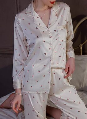 真丝少女风樱桃印花睡衣女长袖衬衫领家居服可外穿生日礼物送闺蜜