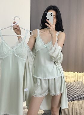 高级感冰丝睡衣女带胸垫夏季新款性感吊带睡袍四件套纯欲风家居服