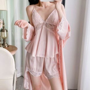 长袖 套装 睡袍三件套纯欲风性感带胸垫蕾丝 夏冰丝吊带短裤 2026新款