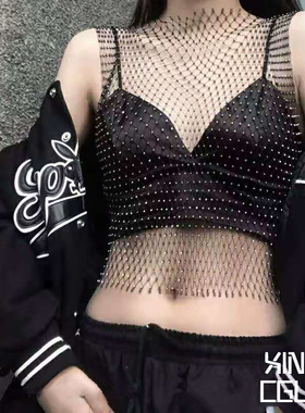 闪钻性感吊带衣服女蹦迪跳舞台烫钻打底衫内搭西装外套设计感小众