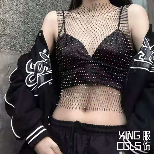 性感闪钻V领短款吊带打底