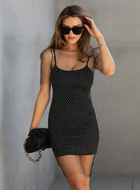 跨进货源2022速卖通欧美亚马逊女装爆款网格闪钻圆领短袖连衣裙A2
