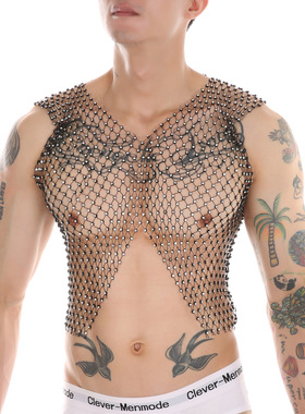 渔网上衣男网状镂空性感衣服男士闪钻无袖背心透视夜场上班擦边服