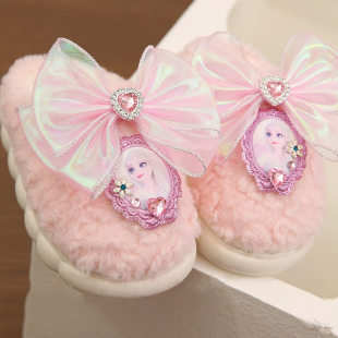 毛绒保暖 儿童居家室内包跟拖鞋 女童爱莎公主棉拖鞋 毛绒绒秋冬季