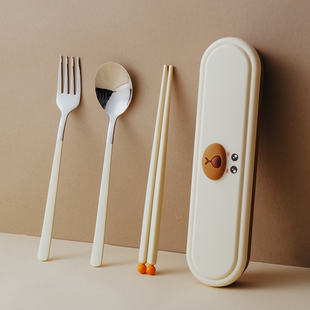 可爱ins勺子叉子筷子三件套学生儿童便携304不锈钢餐具收纳盒套装