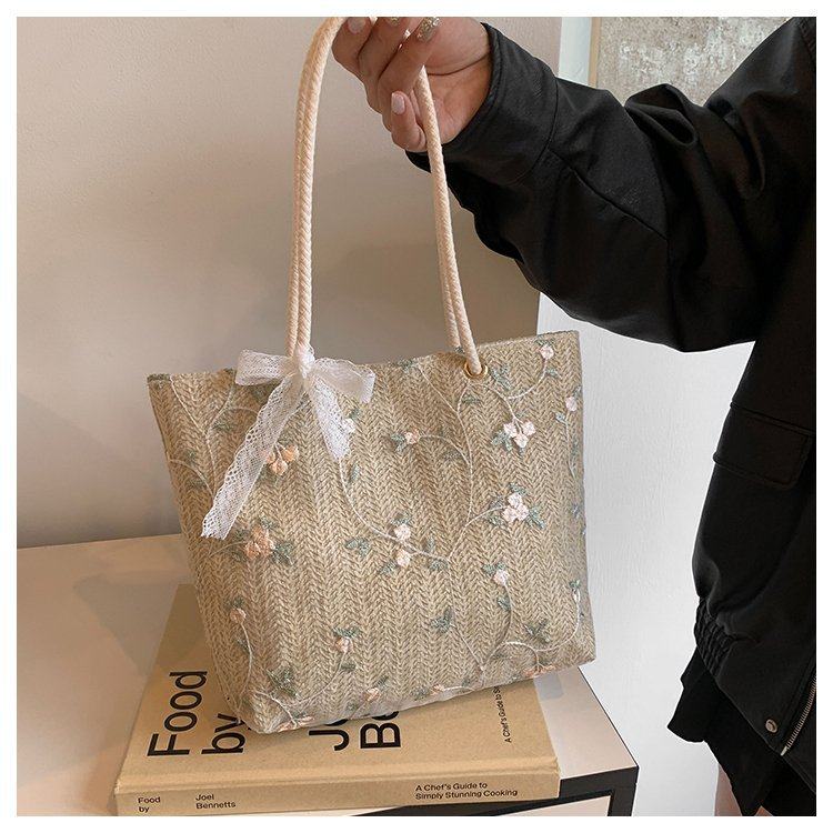 草编百搭蕾丝洋气休闲托特流行蝴蝶结新款清新编织手提包单肩包