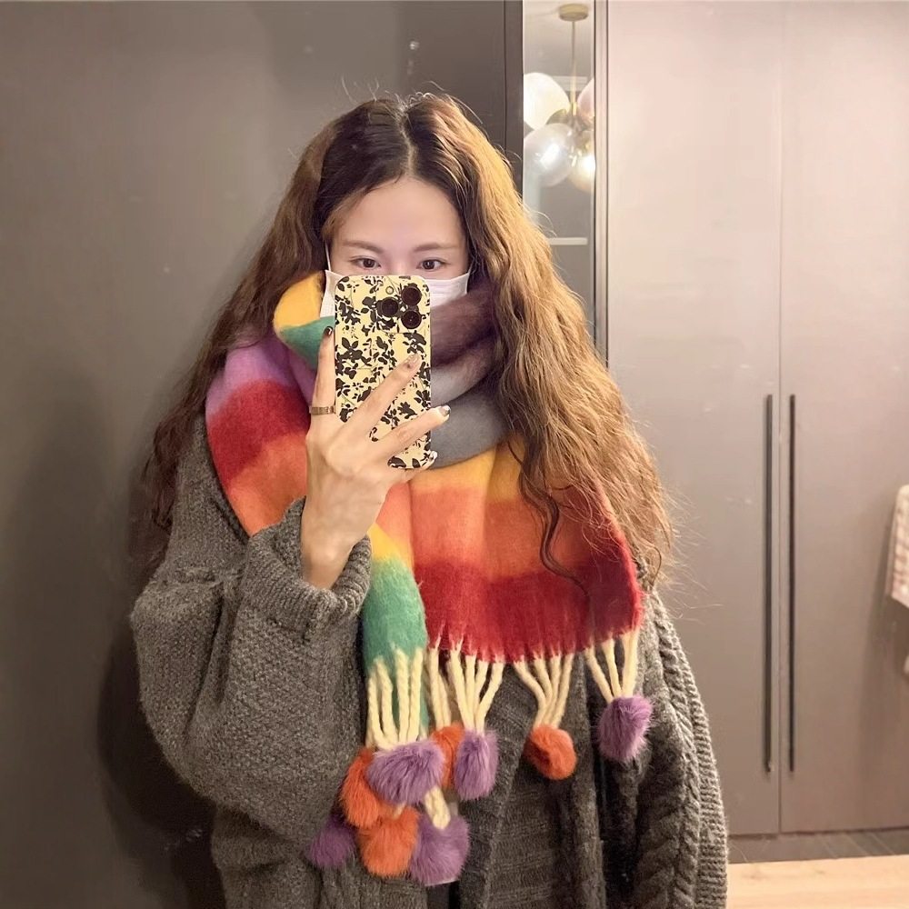 多巴胺彩色条纹手工毛球保暖围巾女冬季新款韩版加厚防寒情侣围脖