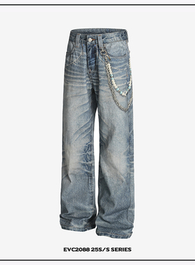 【3D数码印花】裤链猫须蜂窝宽松直筒牛仔裤美式街头复古长裤潮