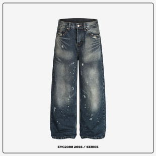高街垂坠感毛边男女长裤 复古泼墨水洗做旧猫须阔腿牛仔裤 美式 EVC