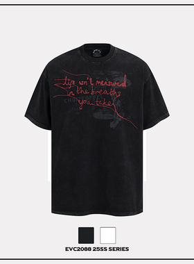 EVC 美式街头发泡字母涂鸦短袖小领口T恤男女夏季宽松设计感上衣