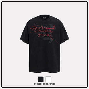小领口T恤男女夏季 街头发泡字母涂鸦短袖 宽松设计感上衣 美式 EVC