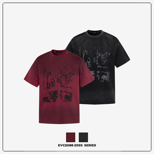 合身版 EVC T恤vintage水洗做旧短款 复古街头正肩短袖 型上衣潮 美式