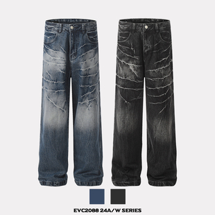 显瘦宽松裤 复古闪电纹小众设计感阔腿直筒水洗牛仔裤 子潮 美式 EVC