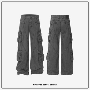春秋高腰多口袋宽松直筒垂感百搭休闲长裤 阔腿牛仔裤 复古工装 EVC