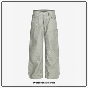 直筒宽松阔腿珠帆休闲裤 EVC 裤 复古泼墨水洗B01双膝伐木工装 美式