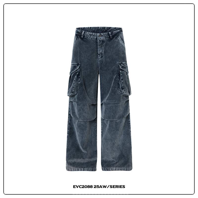 水洗做旧灯芯绒cargo口袋工装裤