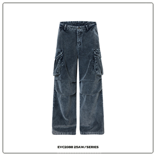 复古vintage重磅宽松休闲裤 裤 水洗做旧灯芯绒cargo口袋工装 EVC