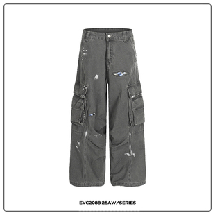 A字廓形长裤 EVC 裤 街头水洗做旧格纹贴布baggy重磅泼墨工装 美式