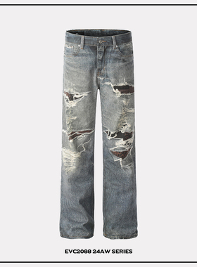 【3D数码直喷印花】国潮小众设计美式假破洞宽松微喇牛仔裤男长裤