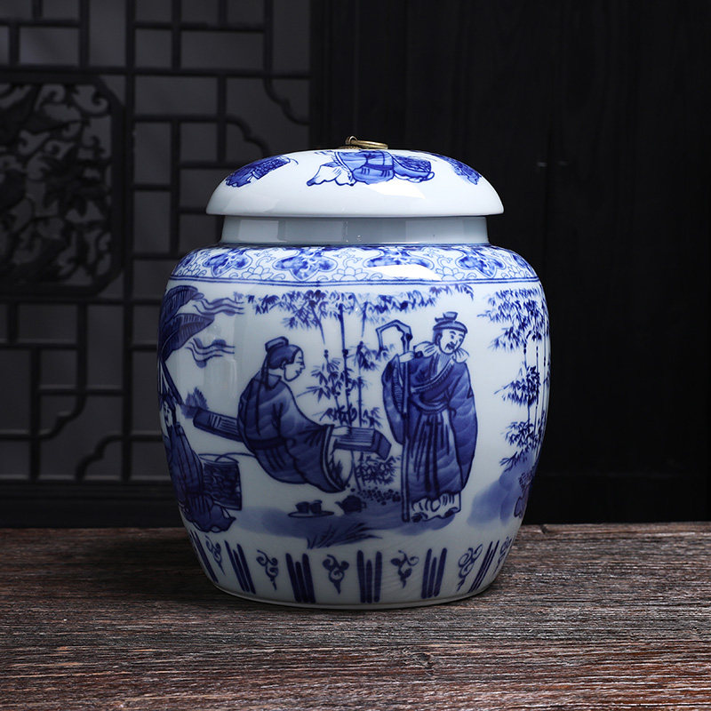 琴棋书画青花瓷茶叶罐密封罐防潮普洱茶收纳盒储存陶瓷罐家用摆件