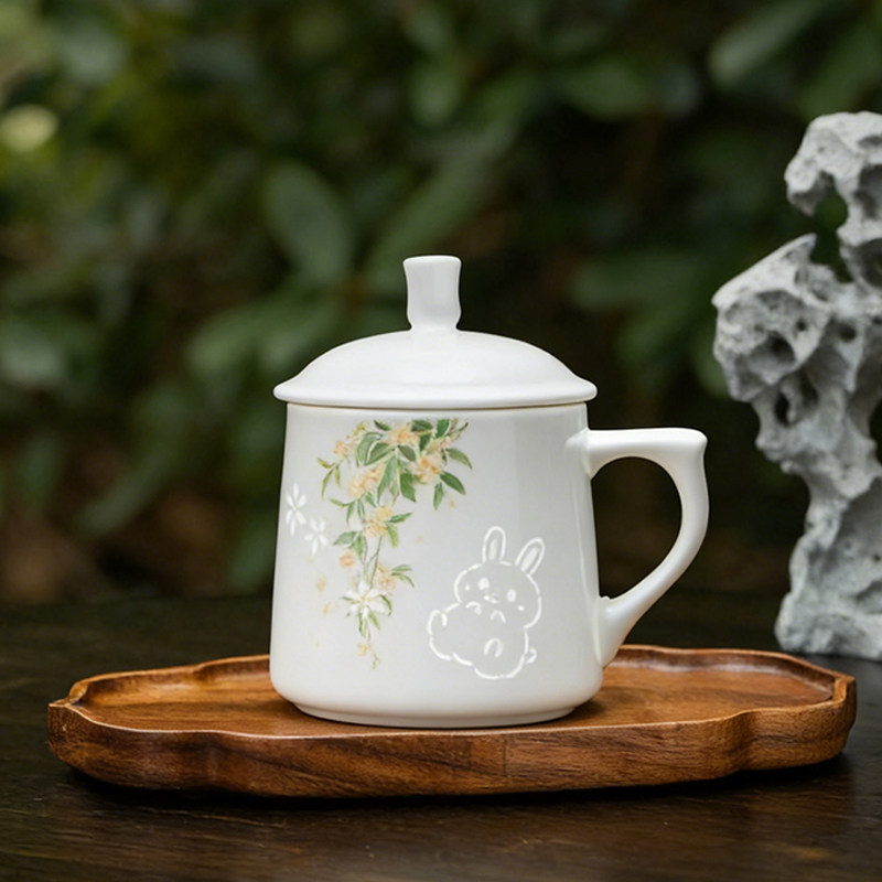 新中式陶瓷茶杯2026新款花卉动物图案玲珑杯可爱带盖办公家用水杯