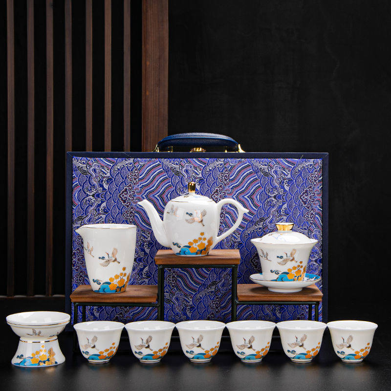 九龙堂功夫茶具套装家用办公室国潮祥云仙鹤茶壶羊脂玉泡茶杯神器