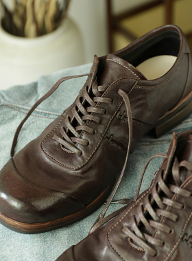 高端水洗马皮手工男鞋真皮休闲皮鞋英伦复古做旧拳击鞋百搭德训鞋