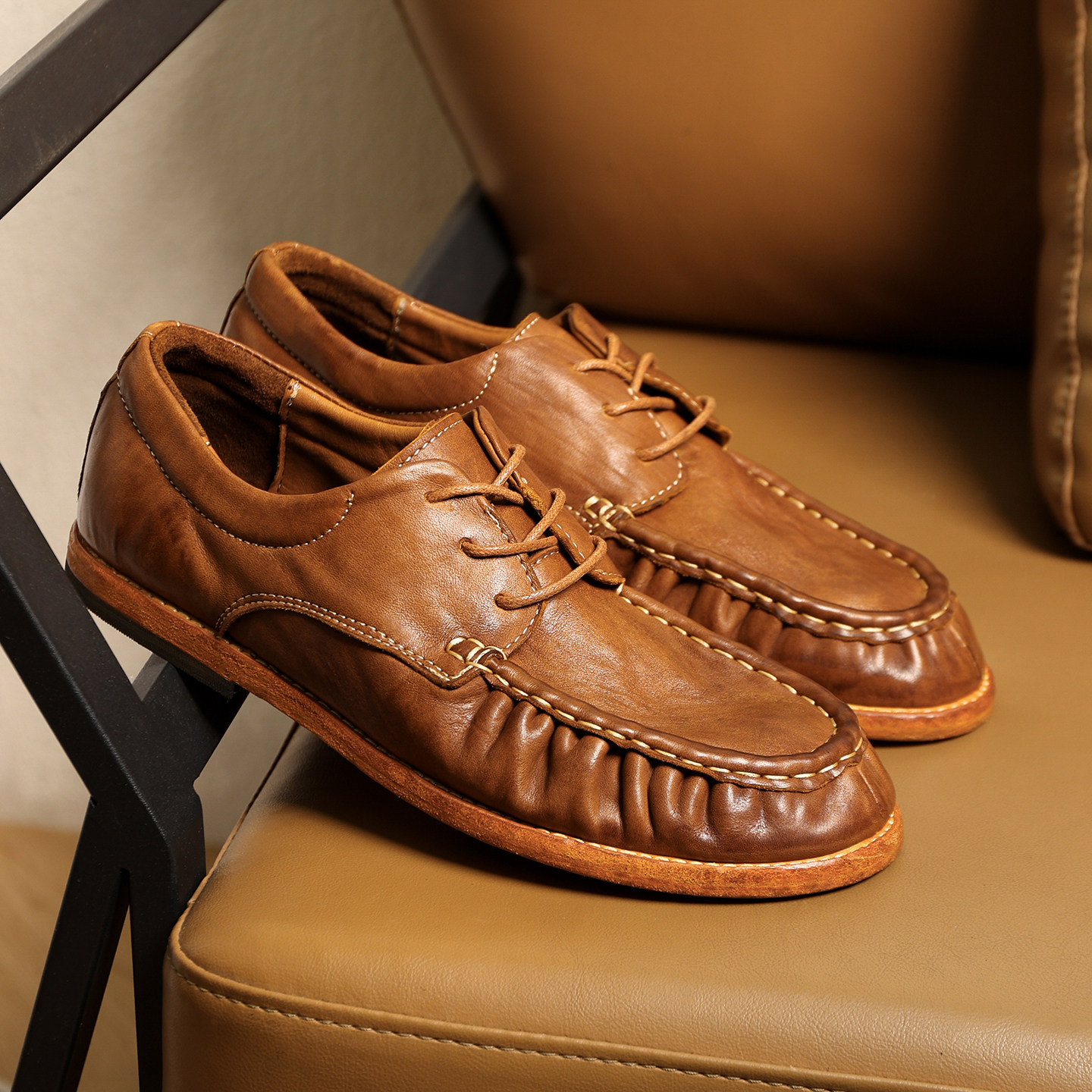 水洗马皮做旧休闲皮鞋纯手工褶皱男士春夏透气真皮底缝制复古男鞋