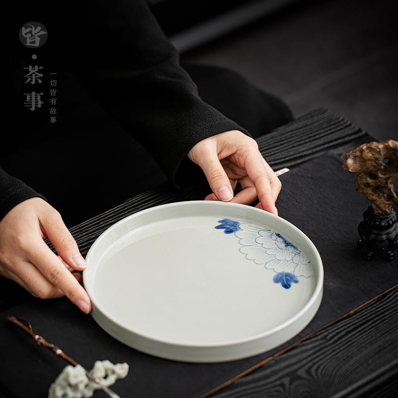 皆茶事中式圆形陶瓷牡丹茶盘