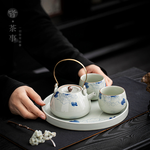 青花手绘功夫茶具一壶二杯小套家用中国风茶壶茶杯办公酒店泡茶器