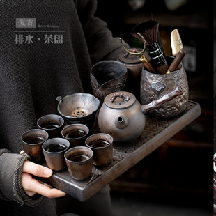 复古功夫茶具套装陶瓷鎏金家用泡茶器小套粗陶茶壶茶杯茶盘整套