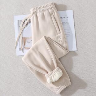 杏色2025新款加厚卫裤女冬季加绒运动裤女小个子休闲女士大码裤子