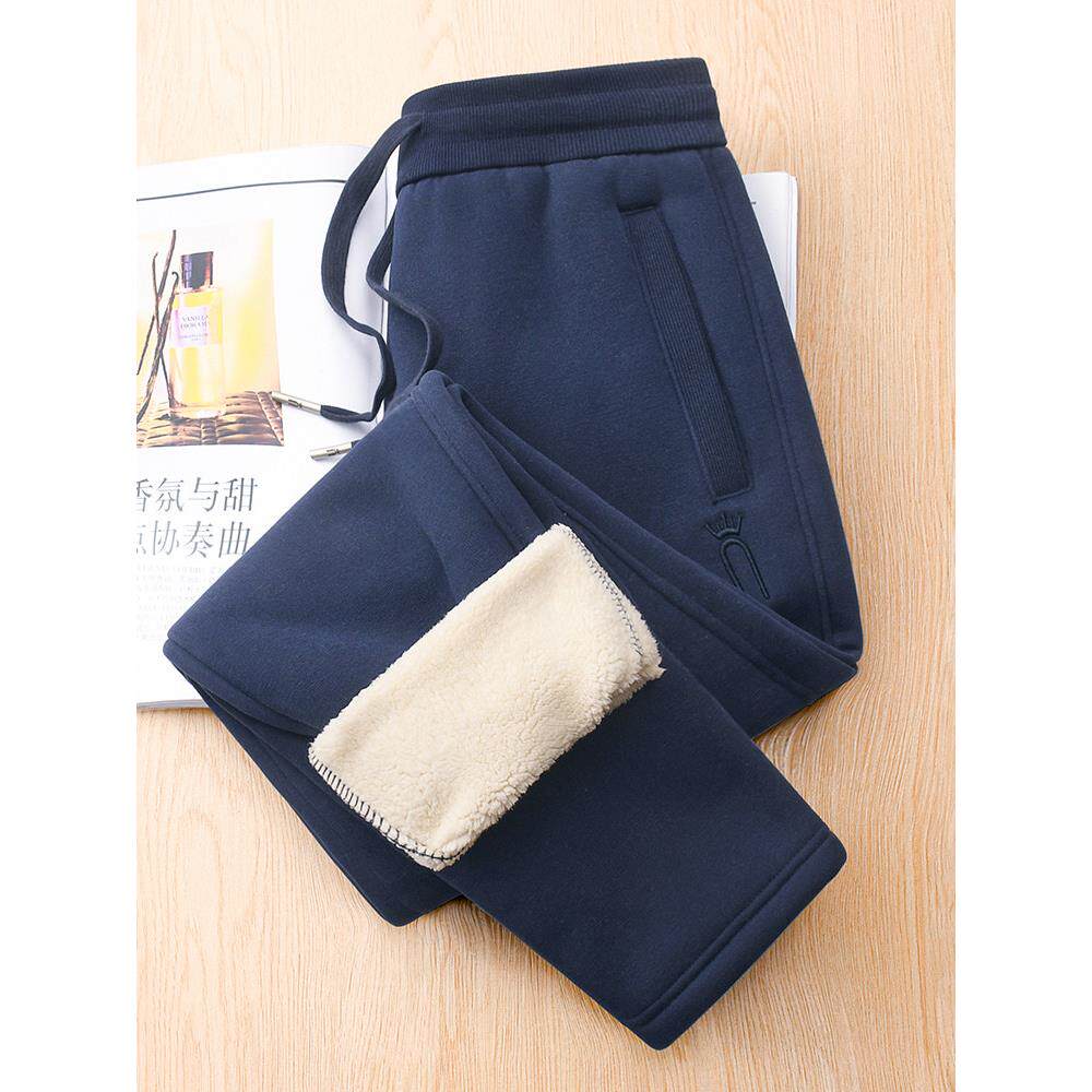 超厚羊羔绒卫裤女加绒加厚运动裤冬季藏青休闲直筒裤保暖棉裤外穿