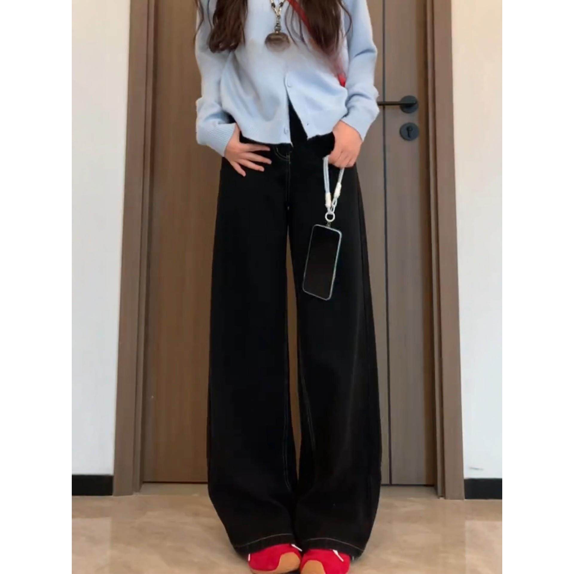 黑色阔腿牛仔裤女秋冬加绒大码胖mm高腰显瘦宽松美式直筒拖地裤子