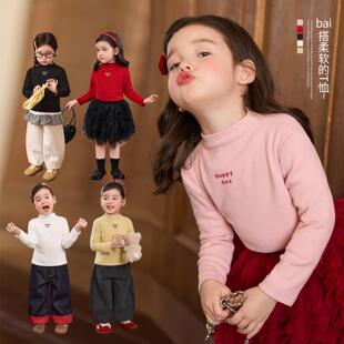 小O宝童装 宝宝柔软打底衫女半高领2025冬季新款女童加绒长袖t恤
