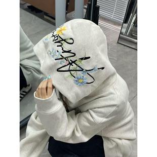 美式覆古花卉刺绣连帽卫衣女大童秋冬新款初中高中学生情侣外套潮