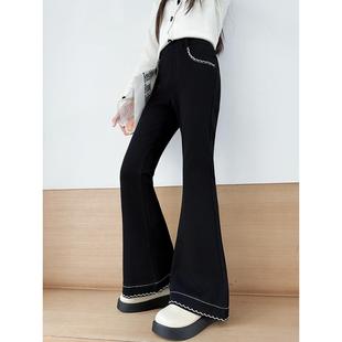 女童加绒喇叭裤秋冬新款儿童加厚一体绒裤子女孩好看黑色冬季长裤