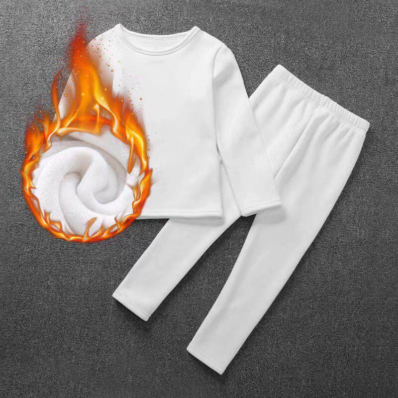 儿童加绒加厚保暖内衣套装宝宝秋衣秋裤女童男童表演出白色打底衫