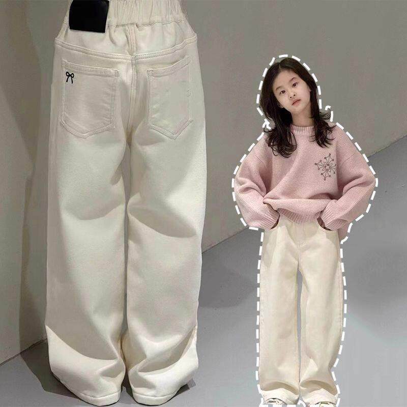 女童加绒牛仔裤秋冬季新款中大童装加厚一体绒儿童百搭保暖直筒裤