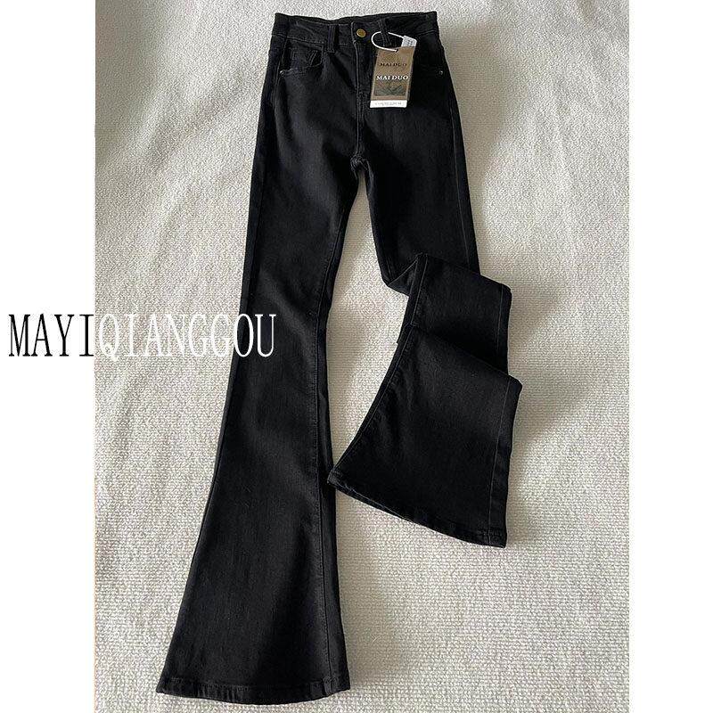 175高个子加长裤子180美式黑色微喇牛仔裤女秋修身显瘦弹力喇叭裤
