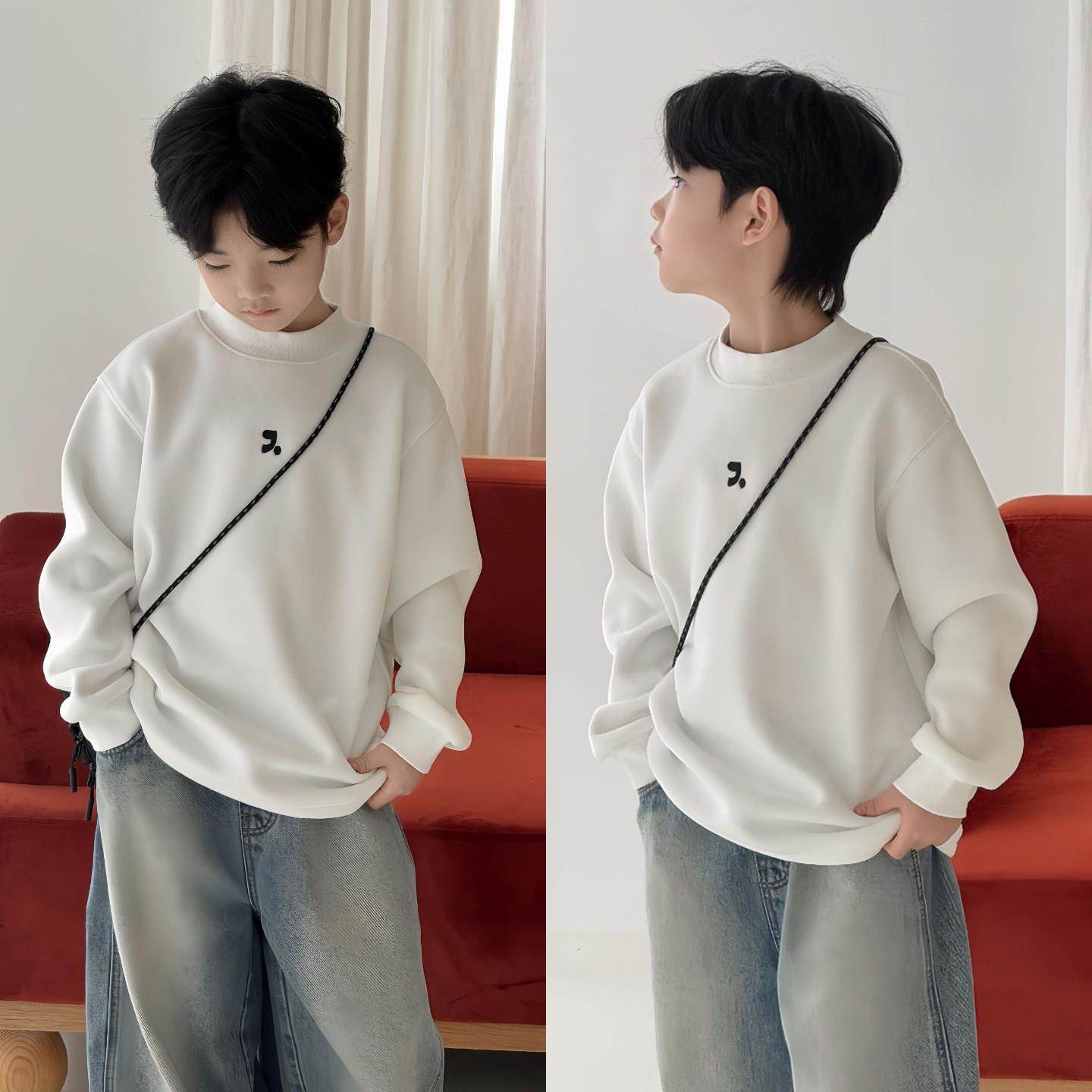 童装男童加绒卫衣冬季中大童加厚白色套头衫儿童打底衫9016