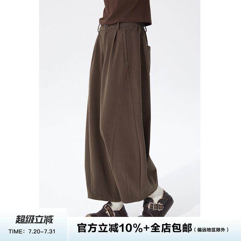 咖色毛呢阔腿裤女秋季高腰慵懒风宽松覆古休闲 运动九分裤