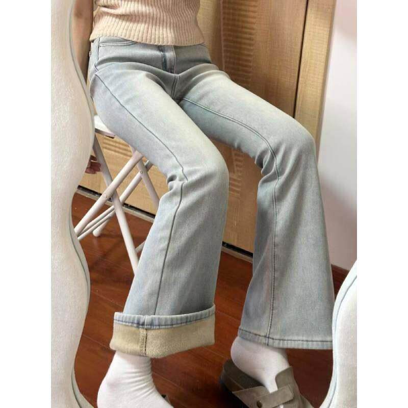 浅色加绒加厚微喇牛仔裤女冬季大码胖mm高腰遮胯小个子弹力喇叭裤