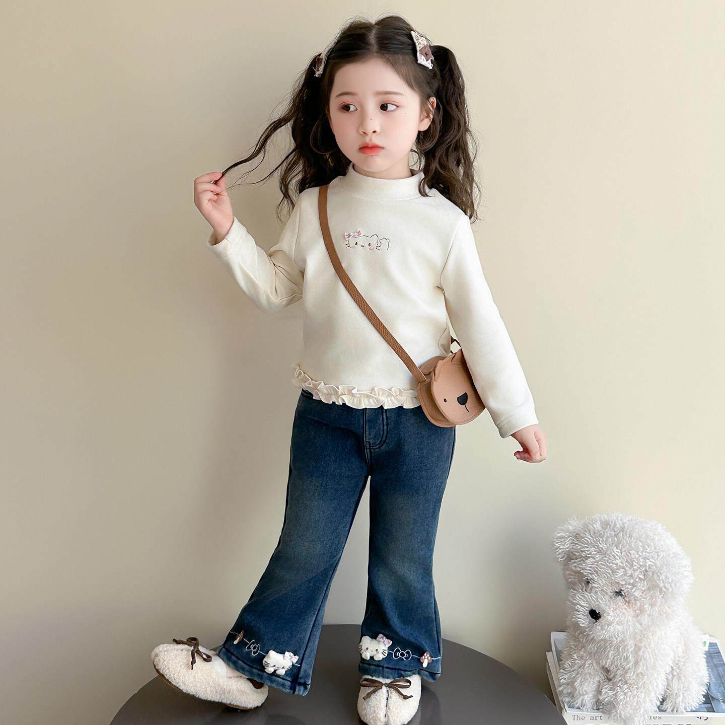 女童加绒保暖牛仔裤2025冬季儿童新品覆古喇叭裤中小童刺绣阔腿裤